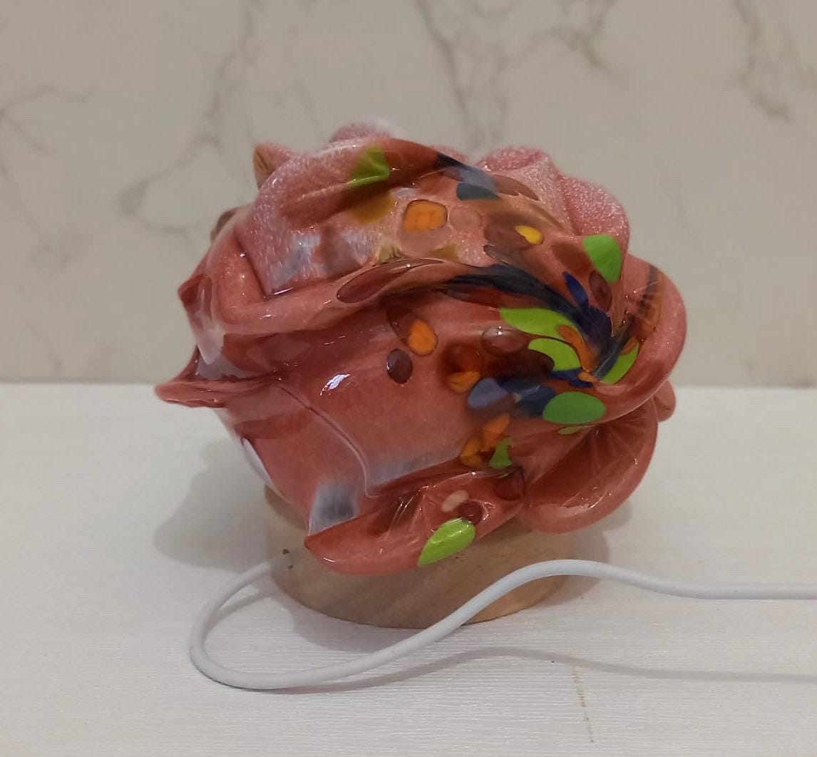 Iridescent Rose Glass Lamp: Hand-Blown LED Sculpture, USB Powered