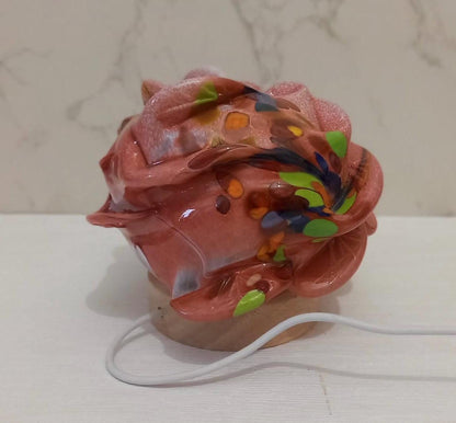 Iridescent Rose Glass Lamp: Hand-Blown LED Sculpture, USB Powered