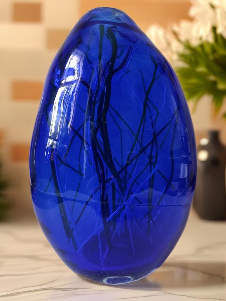 Hand-Blown Iridescent Blue Glass Lamp: LED Sculpture Light