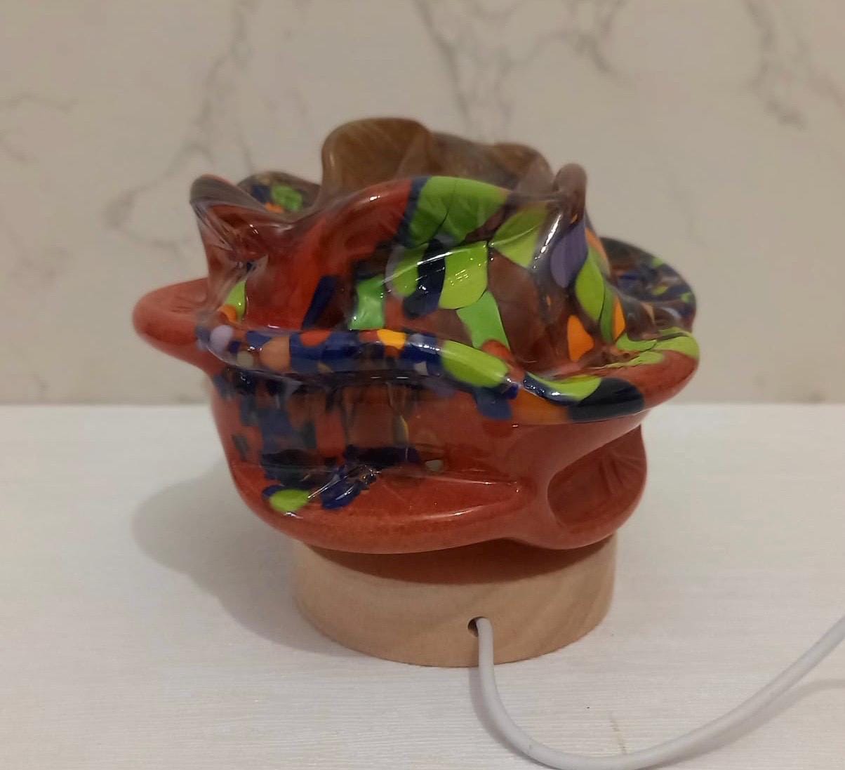 Iridescent Rose Glass Lamp: Hand-Blown LED Sculpture, USB Powered