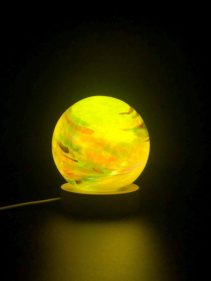 Hand-Blown Red Glass Lamp: Ambient LED Night Light with Wooden Base
