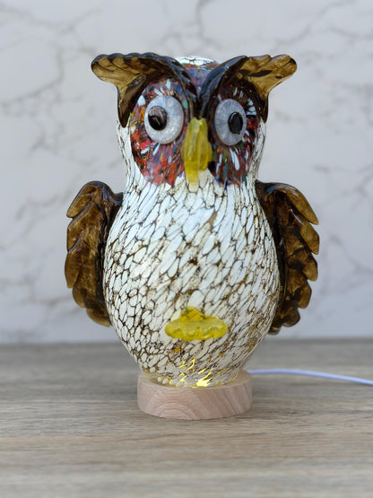 Handcrafted Handmade Sculpture Owl Glass Lamp: LED Night Light