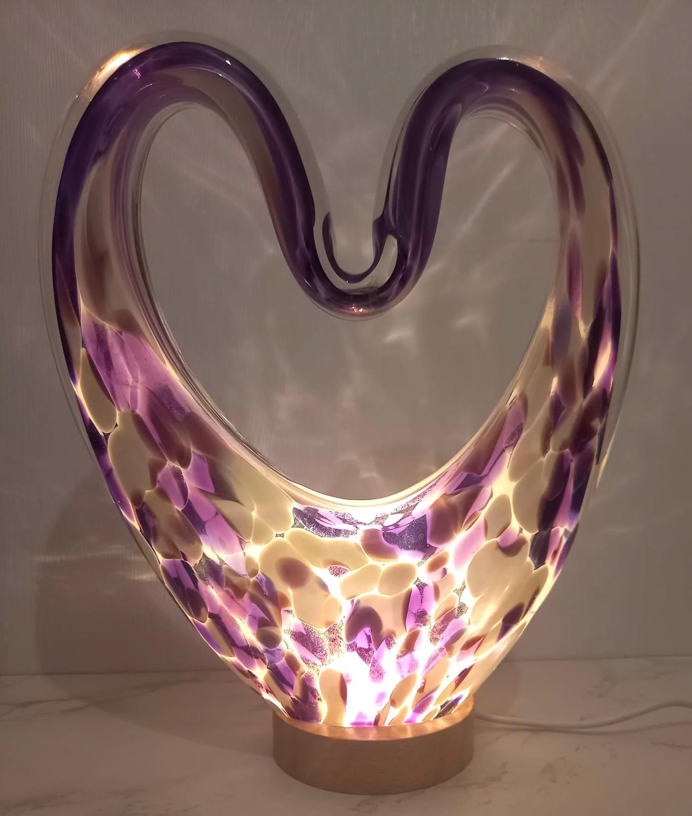 Iridescent Heart Lamp: Hand Blown Glass LED Sculpture, Romantic Home Decor