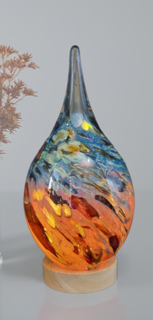 Handblown Glass Teardrop Lamp: Swirl Night Light with Wooden Base