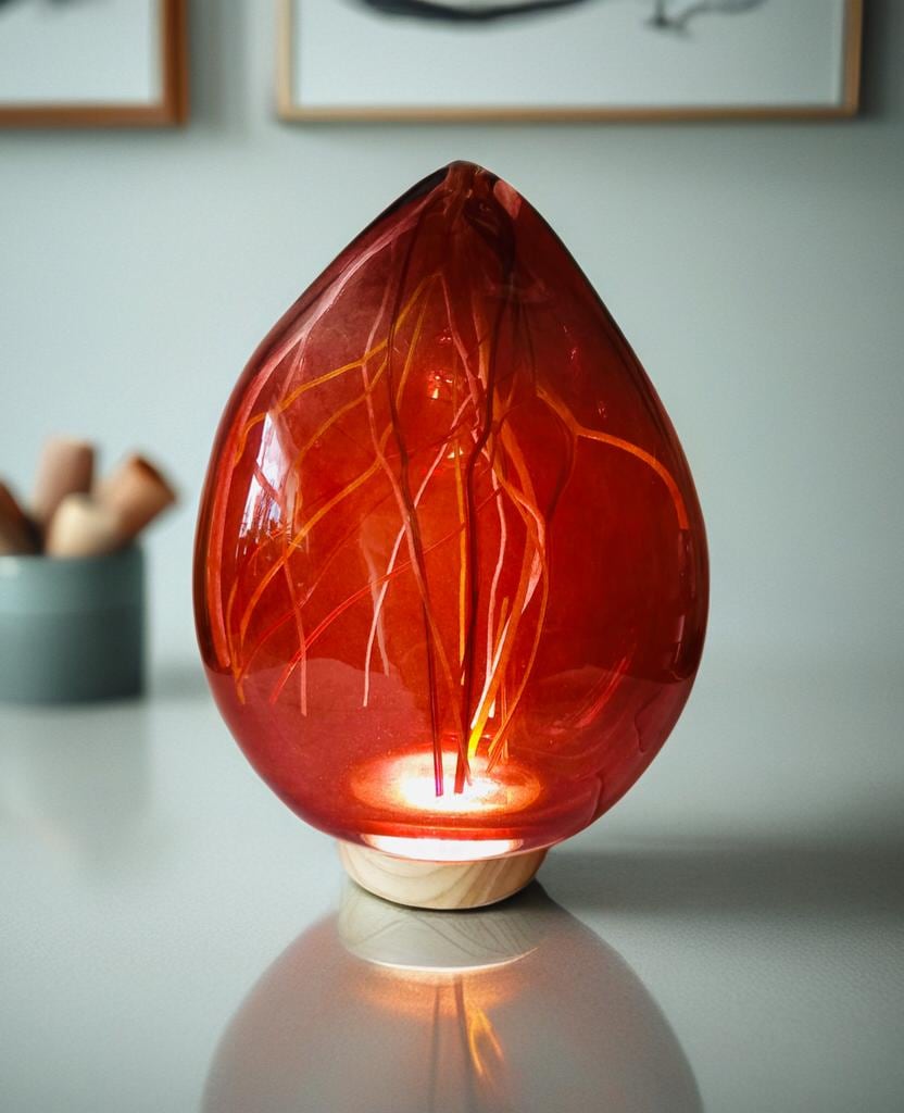 Hand Blown Iridescent Art Glass Lamp: LED Sculpture Light