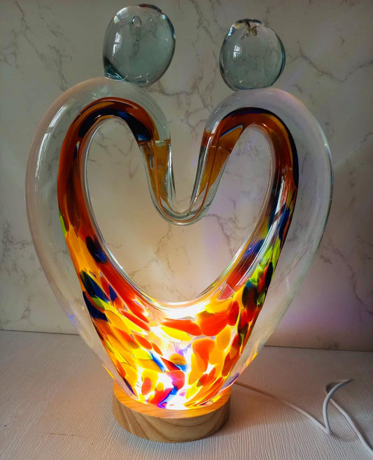 Iridescent Heart Lamp: Handcrafted Glass Sculpture with LED Glow
