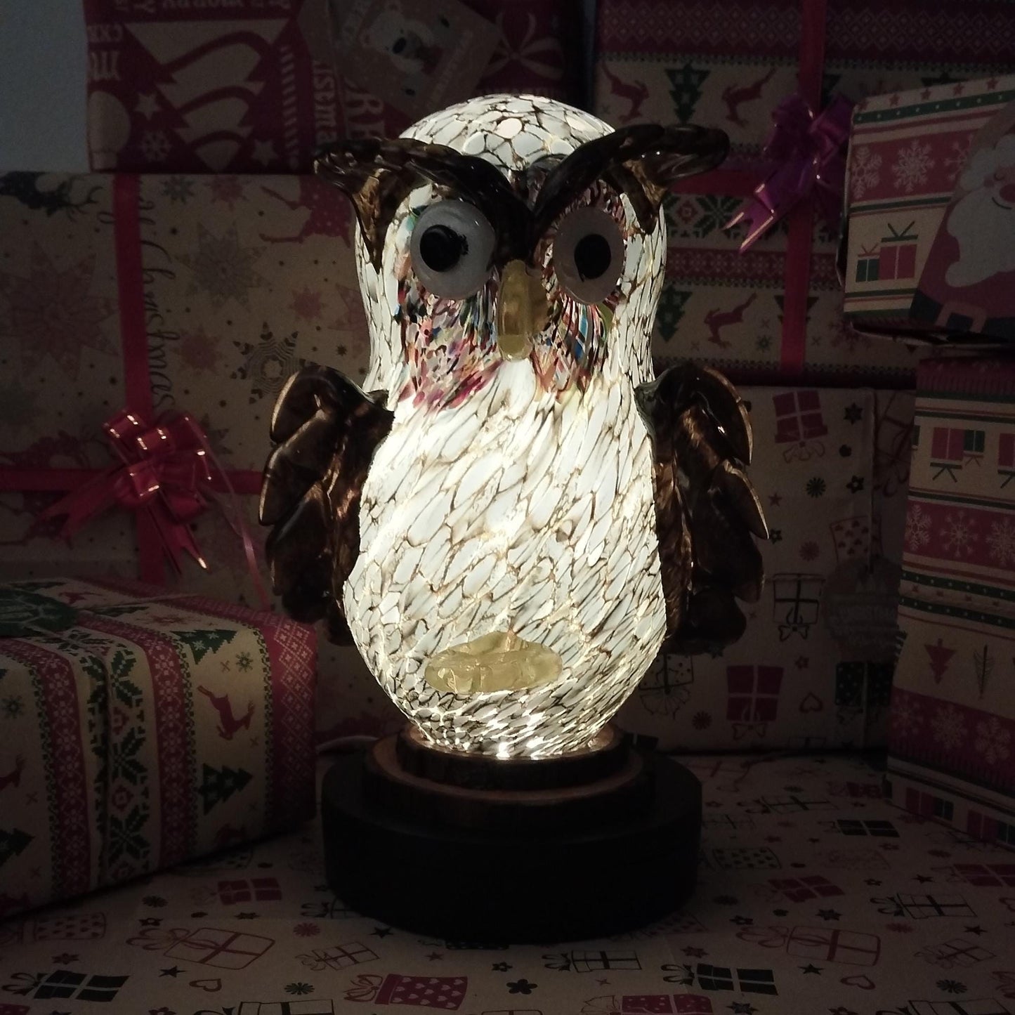 Handcrafted Handmade Sculpture Owl Glass Lamp: LED Night Light