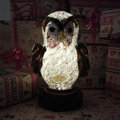 Handcrafted Handmade Sculpture Owl Glass Lamp: LED Night Light