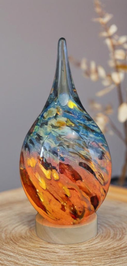 Handblown Glass Teardrop Lamp: Swirl Night Light with Wooden Base