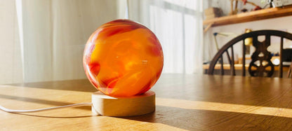 Hand Blown Glass Sphere Lamp: LED Ambient Night Light with Wooden Base