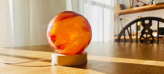 Hand Blown Glass Sphere Lamp: LED Ambient Night Light with Wooden Base