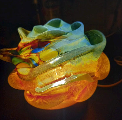 Iridescent Art Glass Rose Lamp: Hand-Blown LED Sculpture