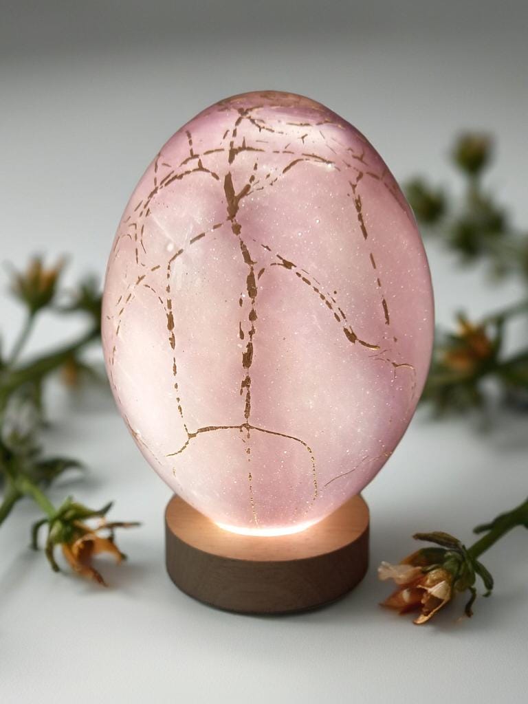 Hand Blown Glass Egg Lamp: Art Deco Tabletop Night Light