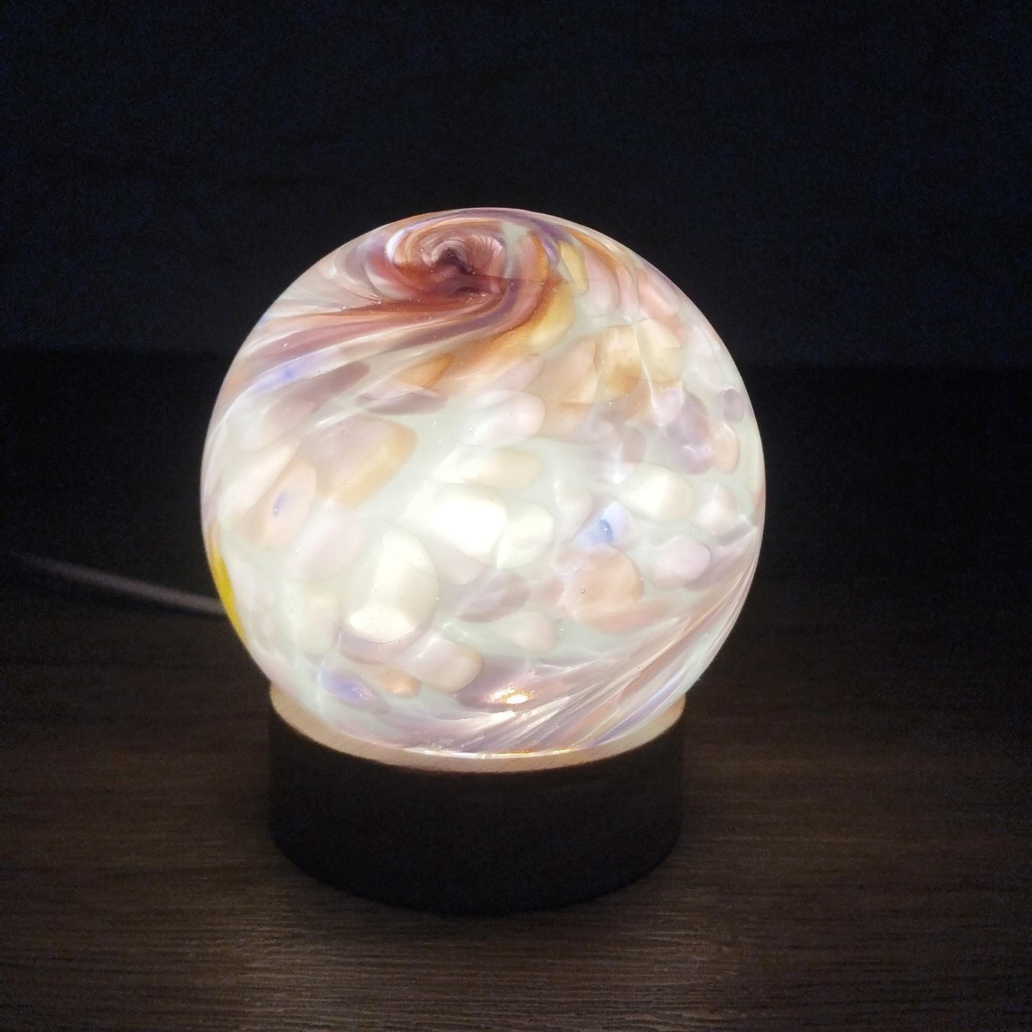 Hand Blown Glass Sphere Lamp: Ambient LED Night Light with Wooden Base, Multiple Colours