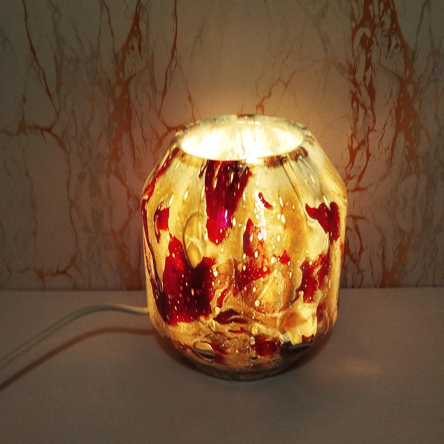 Handmade Red and Amber Glass Art Lamp: Ambient Bedroom Lighting