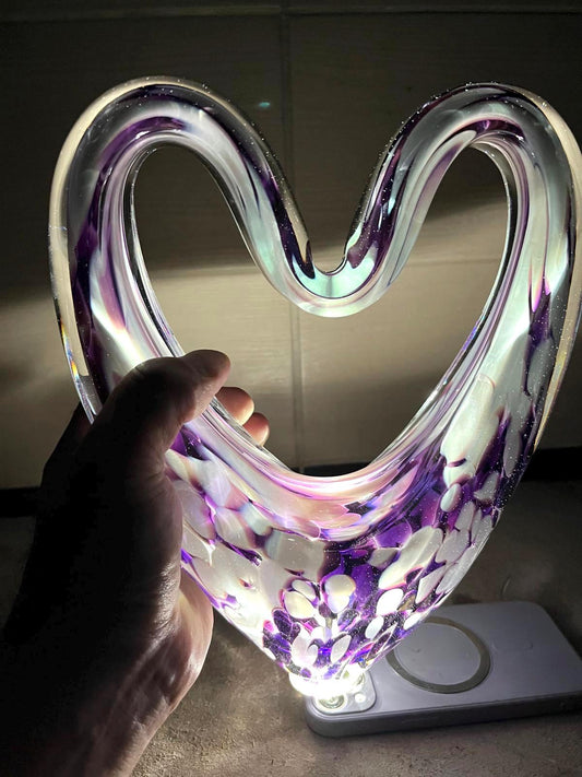 Iridescent Heart Lamp: Hand Blown Glass LED Sculpture, Romantic Home Decor