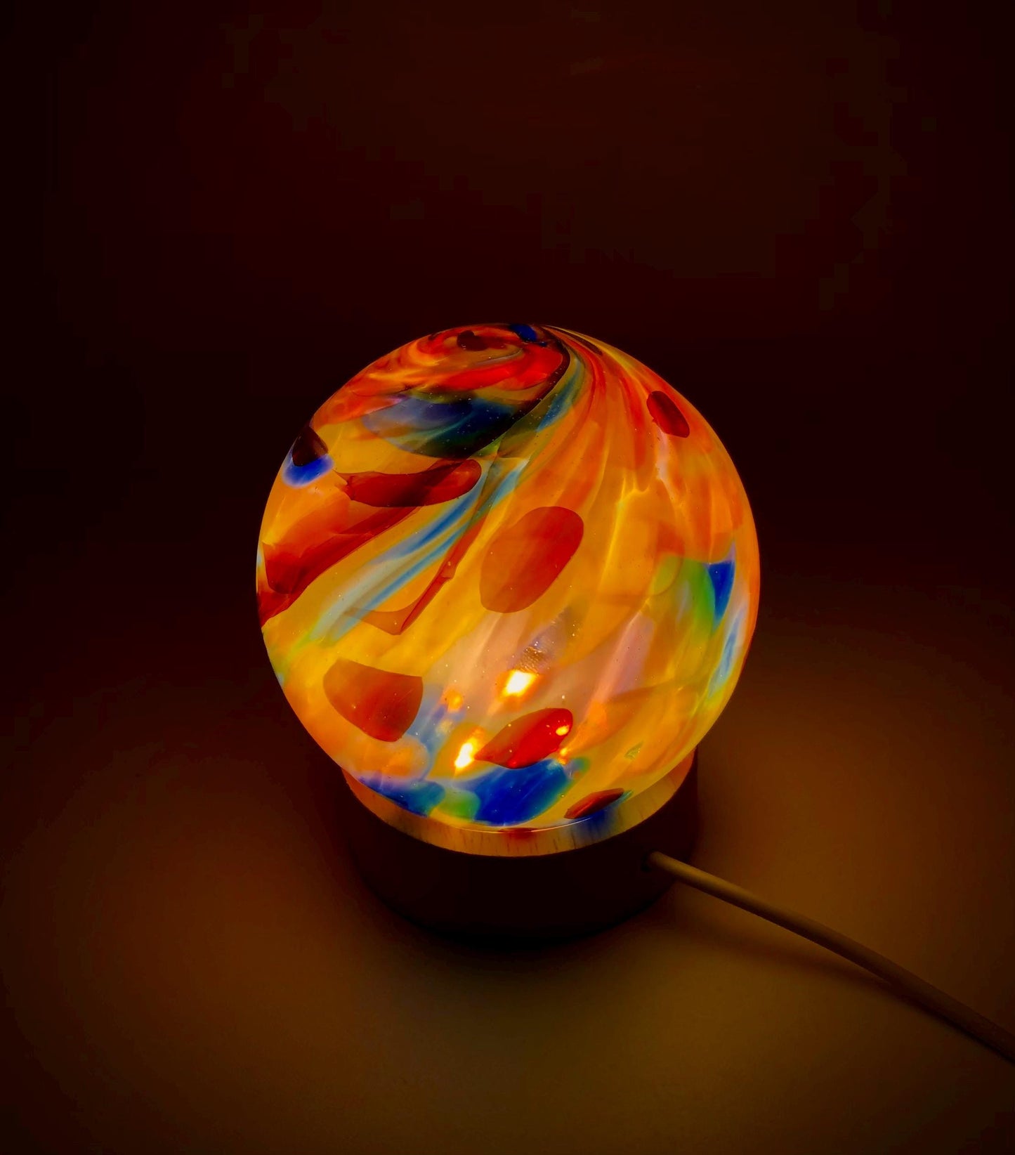 Hand Blown Glass Sphere Lamp: Ambient LED Night Light with Wooden Base, Multiple Colours