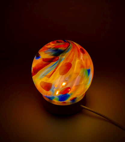 Hand Blown Glass Sphere Lamp: Ambient LED Night Light with Wooden Base, Multiple Colours