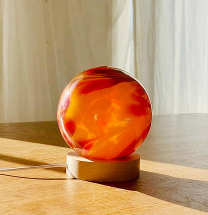 Hand Blown Glass Sphere Lamp: LED Ambient Night Light with Wooden Base