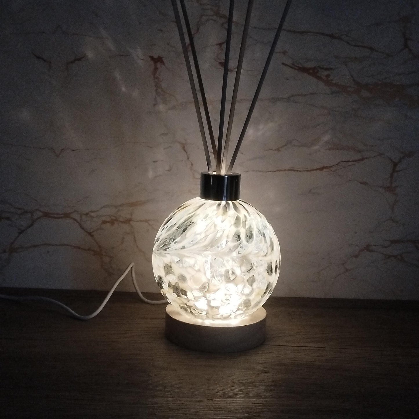 Handcrafted Iridescent Glass Diffuser Lamp with LED Light, Elegant Room Fragrance