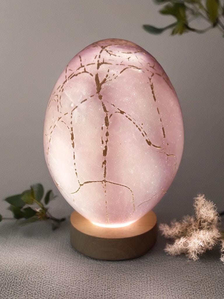 Hand Blown Glass Egg Lamp: Art Deco Tabletop Night Light