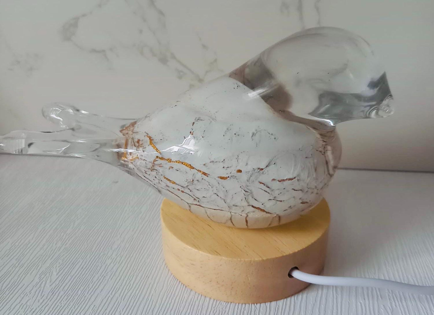 Hand Blown Iridescent Glass Bird Lamp: LED Accent Light