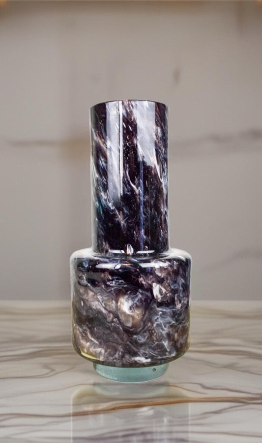 Hand Blown Glass Vase: Black Marble Art Decor (W12cm, H30cm)
