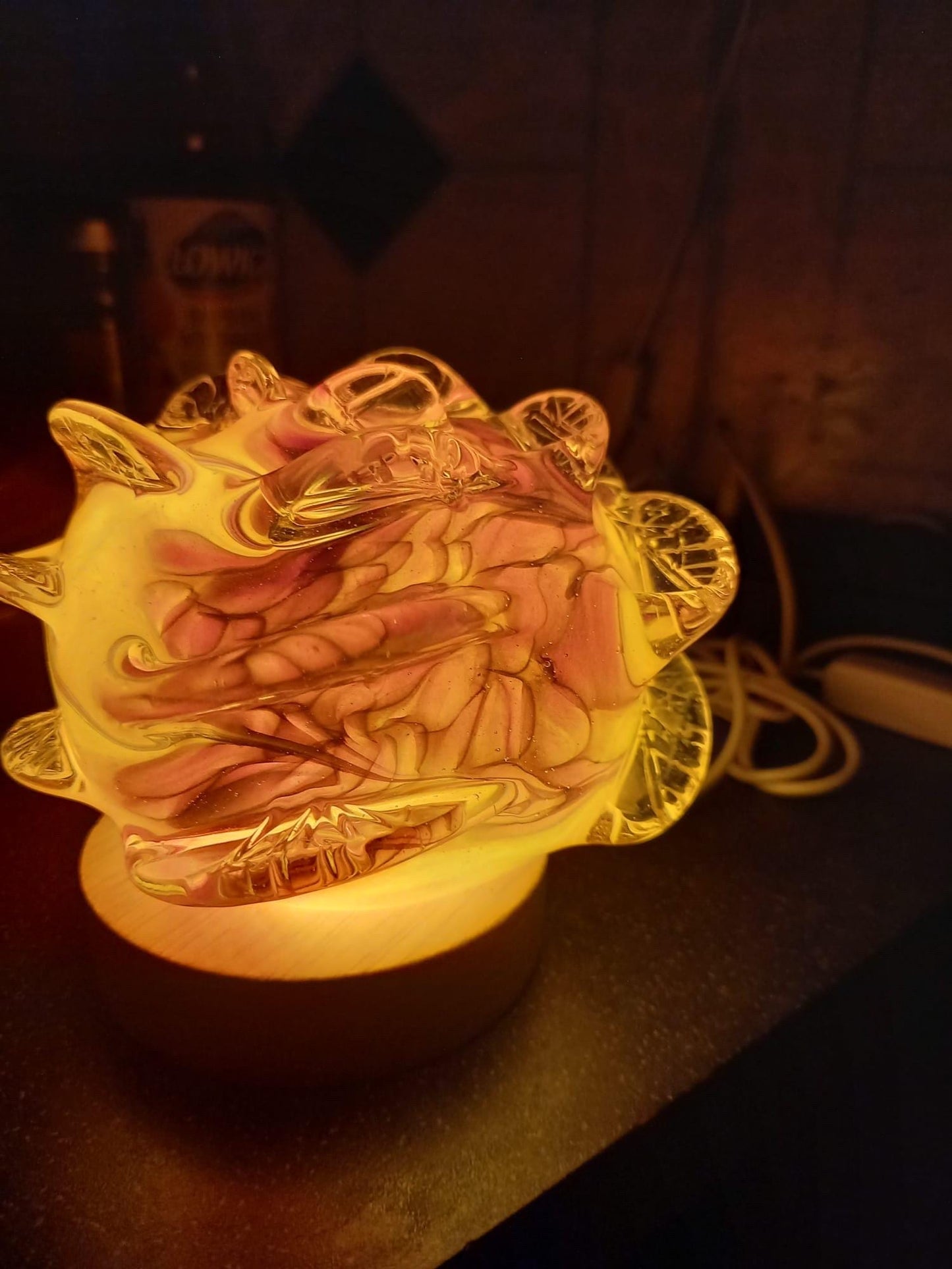 Iridescent Rose Glass Lamp: Hand-Blown LED Sculpture, USB Powered