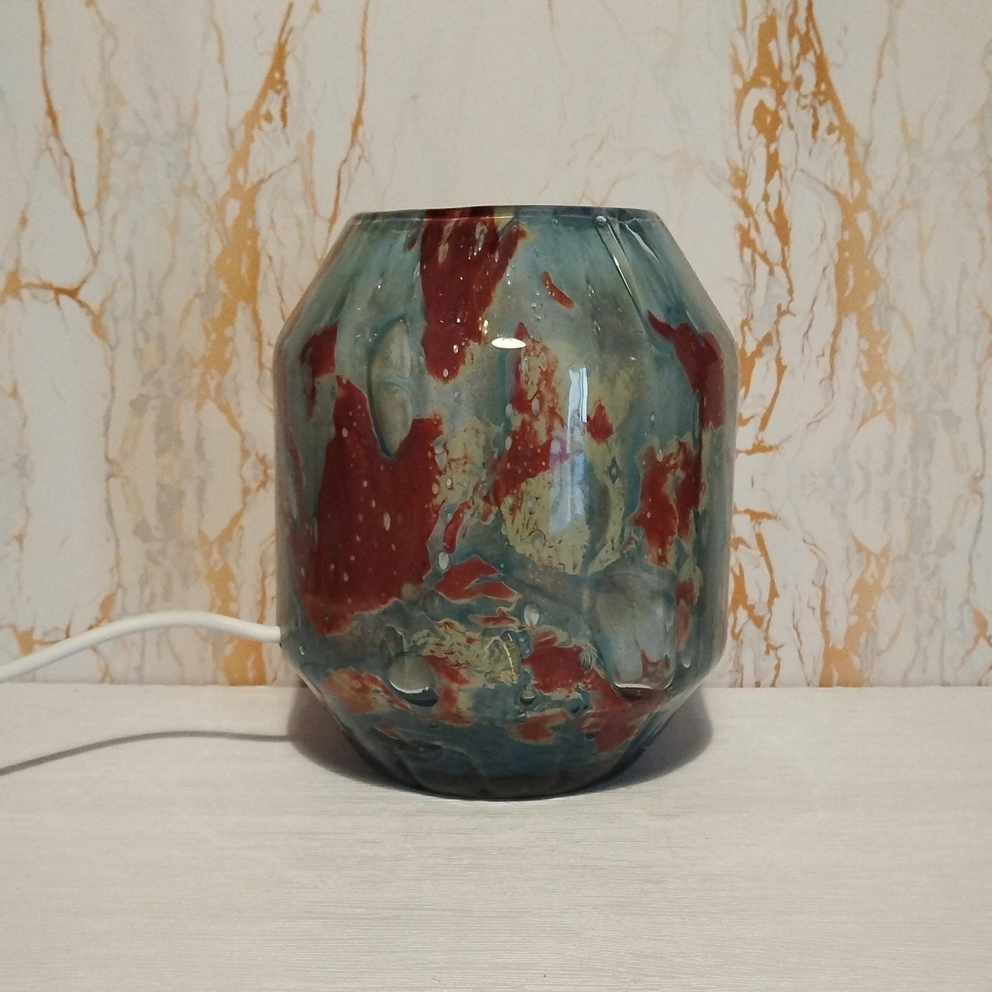 Handmade Red and Amber Glass Art Lamp: Ambient Bedroom Lighting