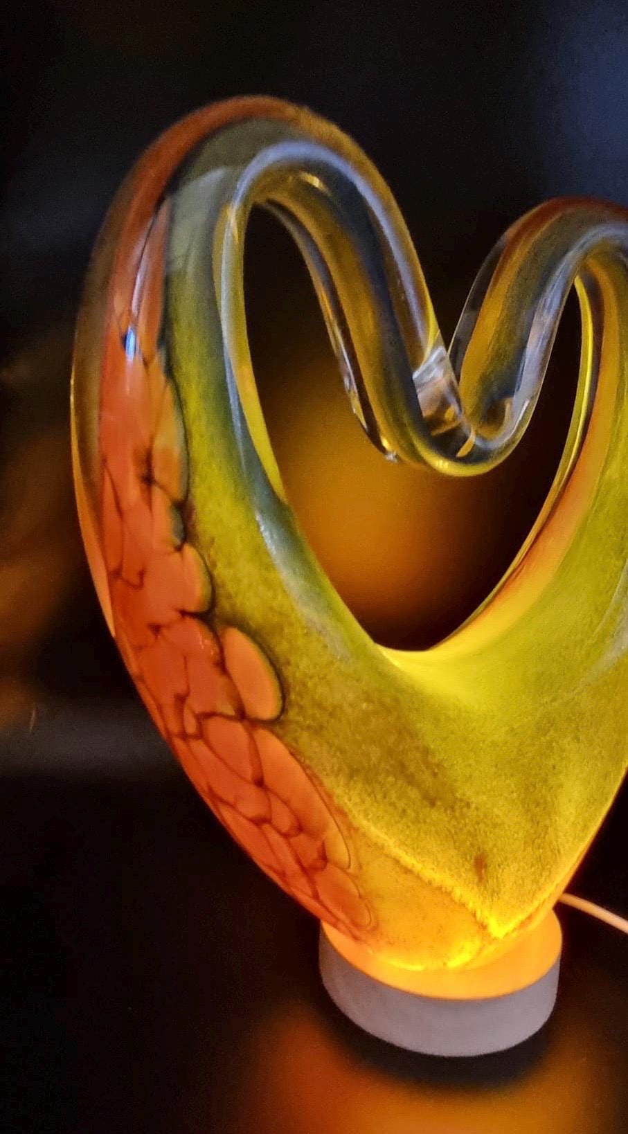 Iridescent Heart Glass Lamp: Handcrafted LED Sculpture - Romantic Home Decor