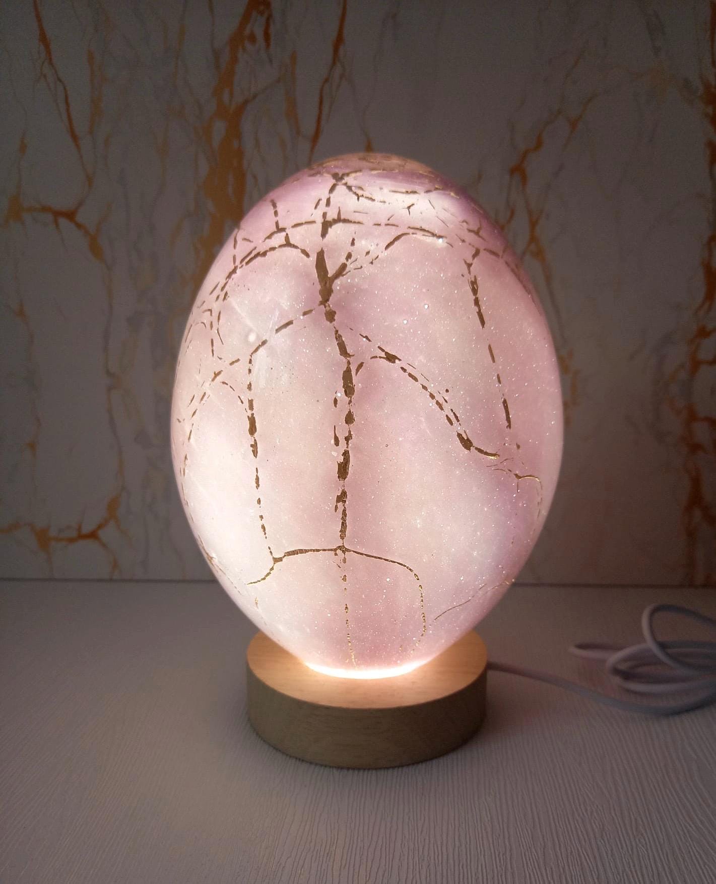 Hand Blown Glass Egg Lamp: Art Deco Tabletop Night Light