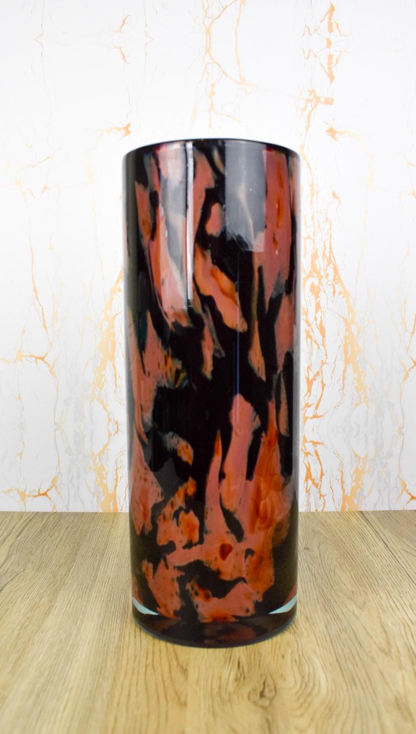 Handmade Mouth Blown Glass Vase: Elegant Flame Design, 32cm Cylinder