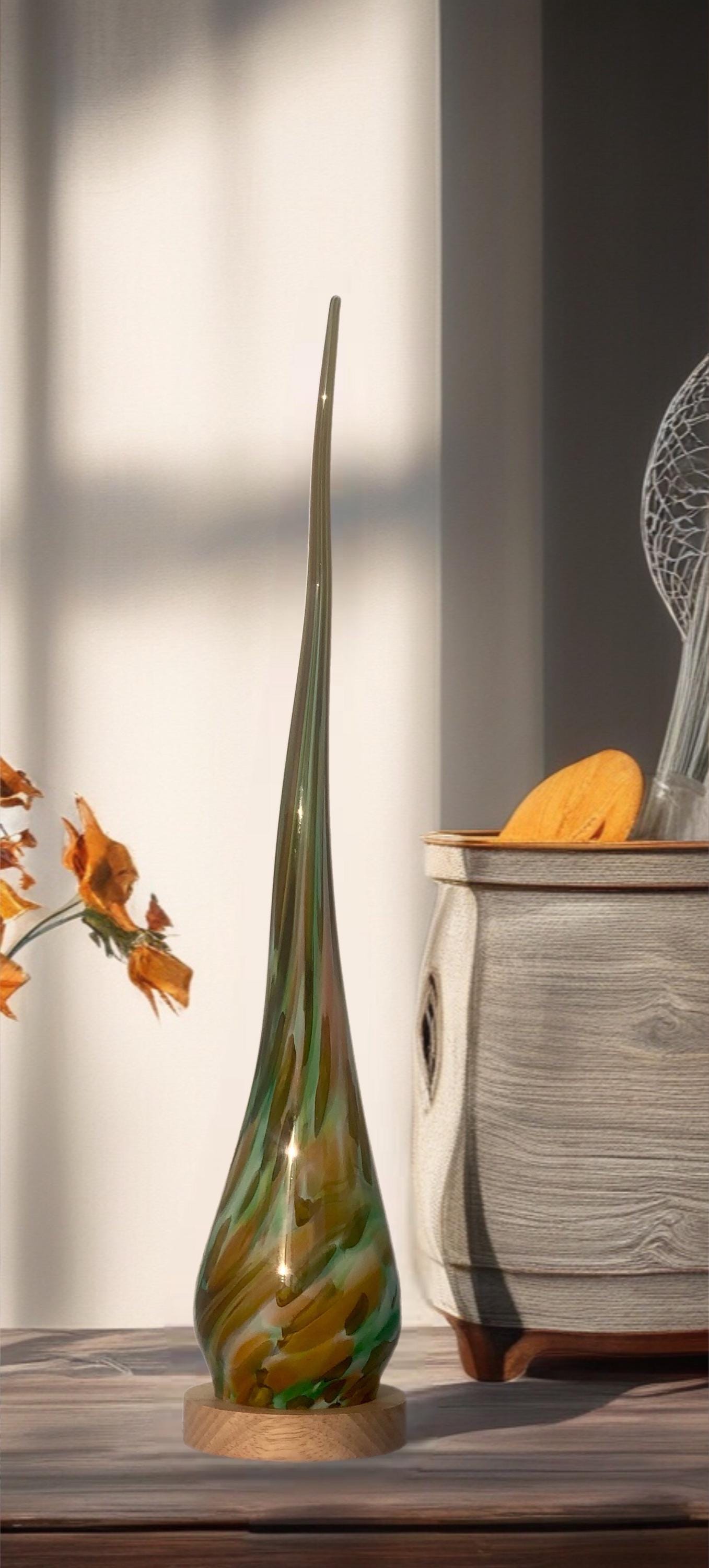 Hand Blown Green Glass Flame Lamp: LED Ambient Art Light