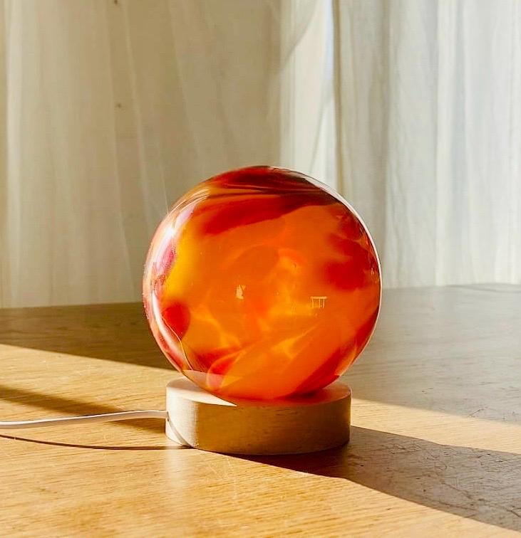 Hand-Blown Red Glass Lamp: Ambient LED Night Light with Wooden Base