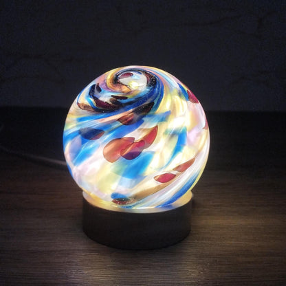 Hand Blown Glass Sphere Lamp: Ambient LED Night Light with Wooden Base, Multiple Colours