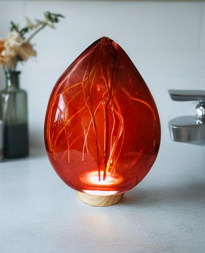 Hand Blown Iridescent Art Glass Lamp: LED Sculpture Light