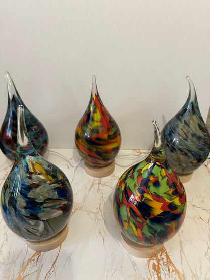 Handmade glass USB lamp in a colorful tear drop design a unique piece of art that fills your space with warmth and magical reflections