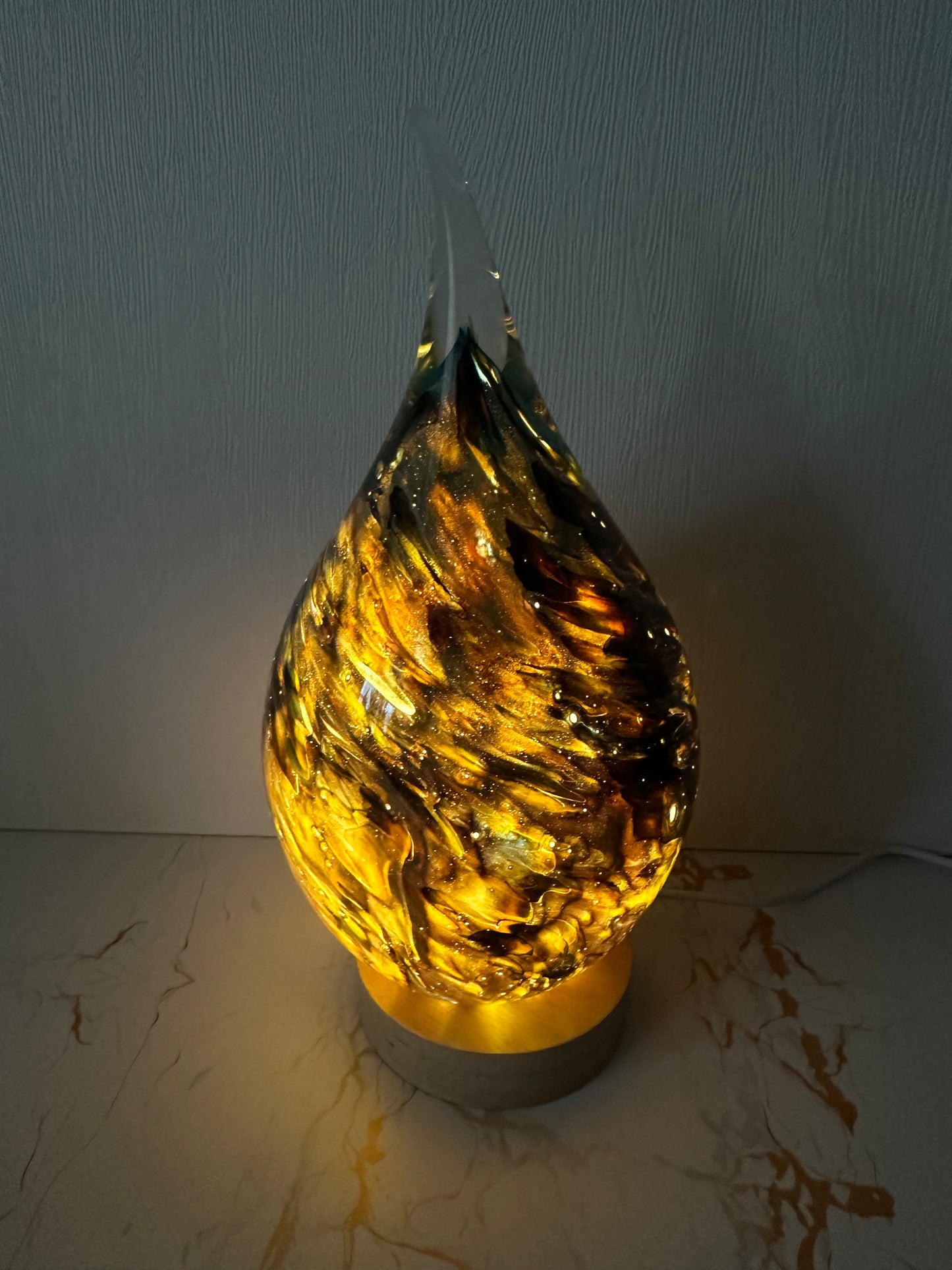 Handmade glass USB lamp in a colorful tear drop design a unique piece of art that fills your space with warmth and magical reflections