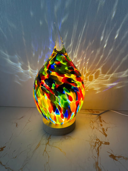 Handmade glass USB lamp in a colorful tear drop design a unique piece of art that fills your space with warmth and magical reflections