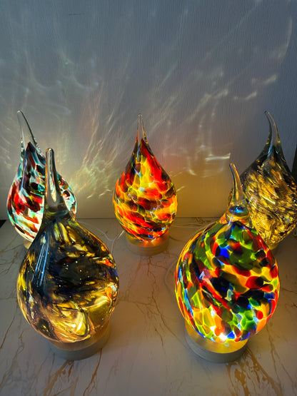 Handmade glass USB lamp in a colorful tear drop design a unique piece of art that fills your space with warmth and magical reflections