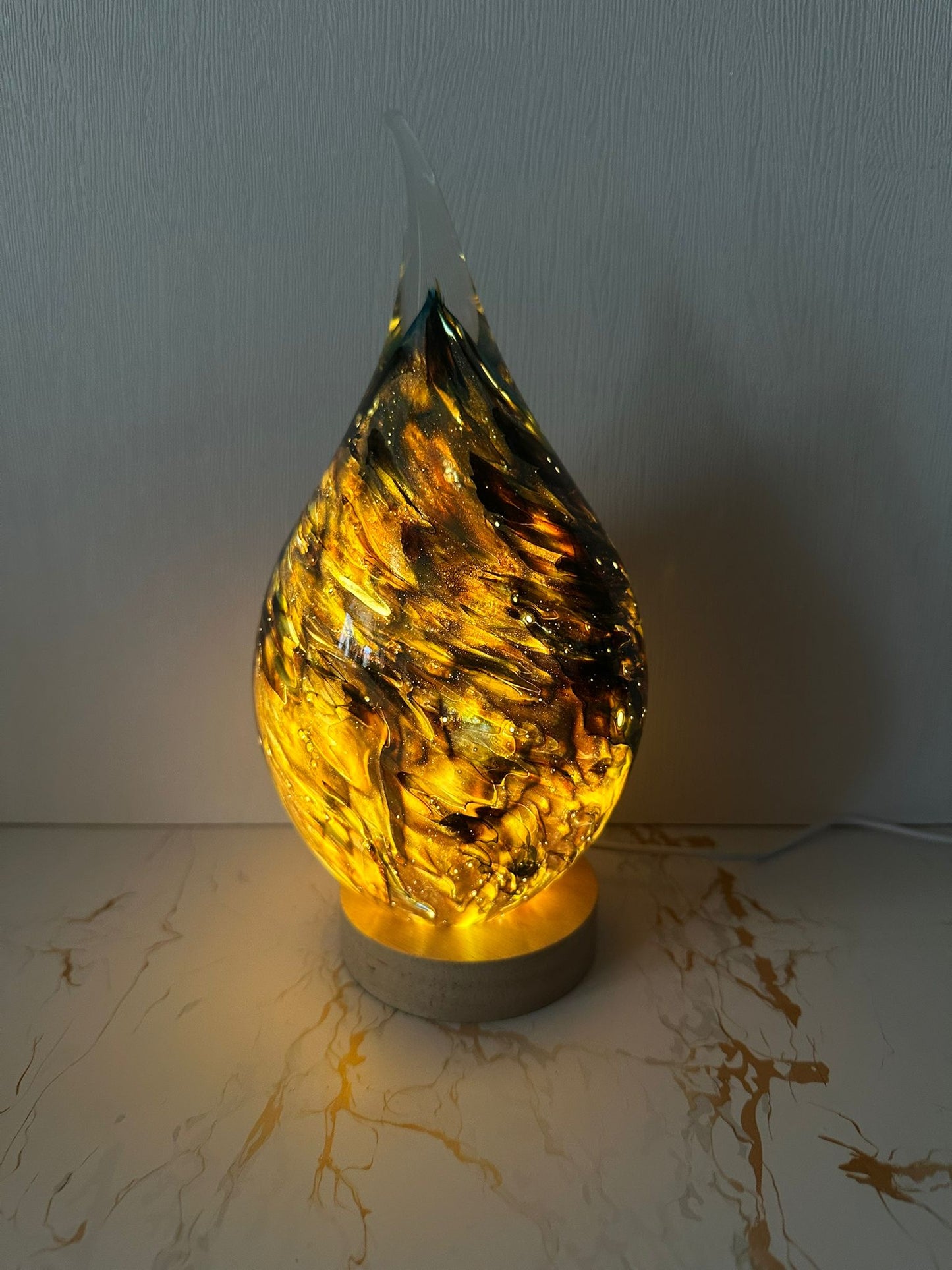 Handmade glass USB lamp in a colorful tear drop design a unique piece of art that fills your space with warmth and magical reflections
