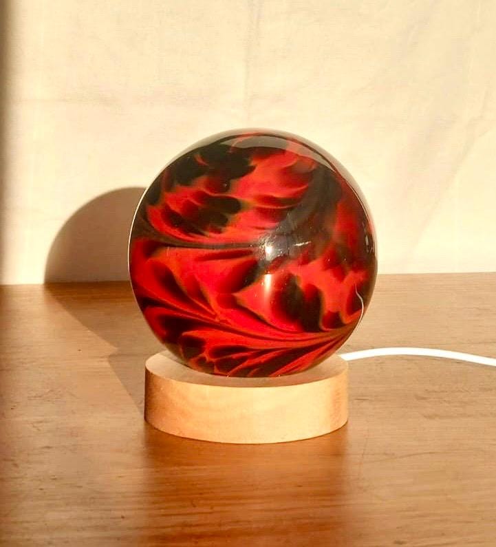 Hand-Blown Red Glass Lamp: Ambient LED Night Light with Wooden Base