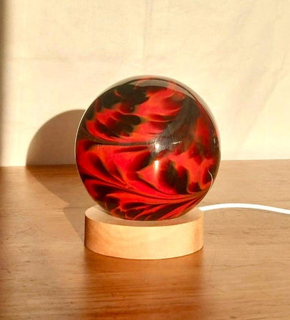 Hand-Blown Red Glass Lamp: Ambient LED Night Light with Wooden Base