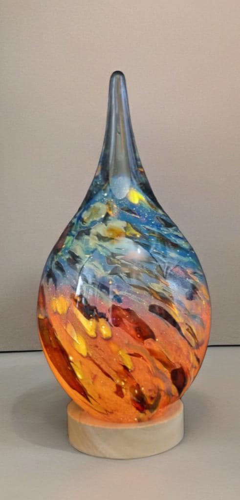 Handblown Glass Teardrop Lamp: Swirl Night Light with Wooden Base
