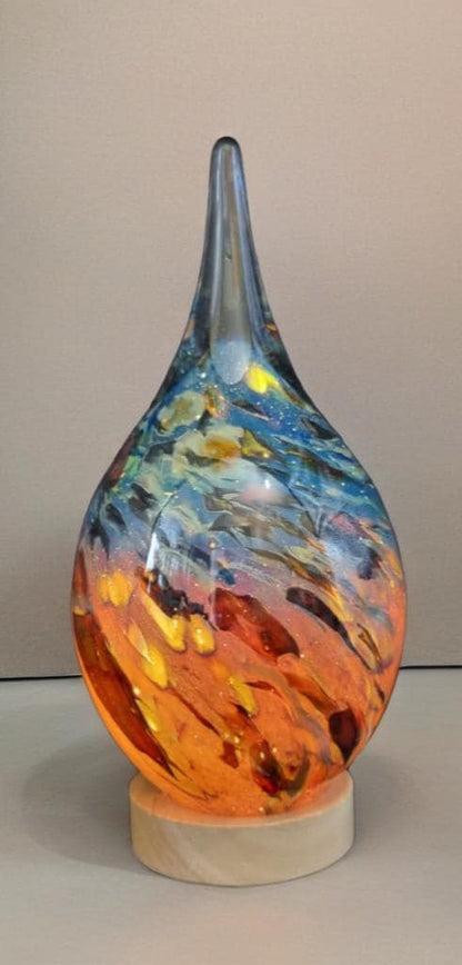 Handblown Glass Teardrop Lamp: Swirl Night Light with Wooden Base