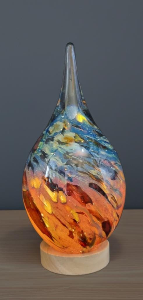 Handblown Glass Teardrop Lamp: Swirl Night Light with Wooden Base
