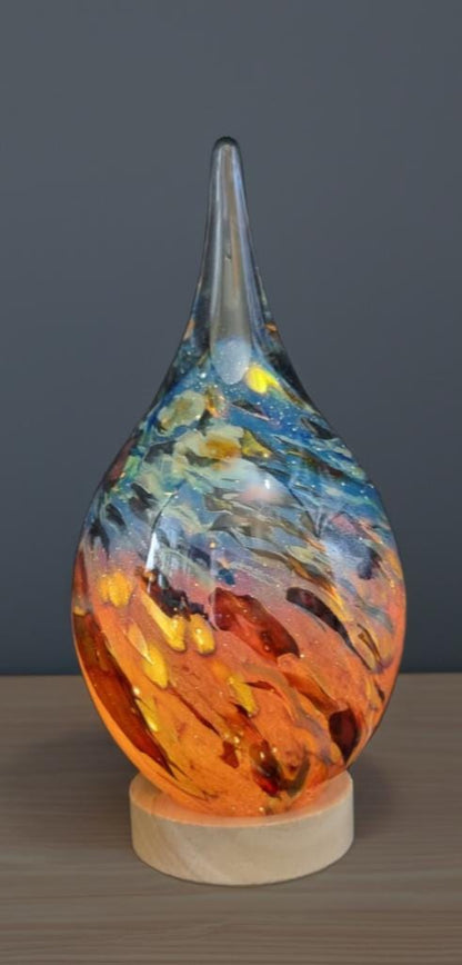 Handblown Glass Teardrop Lamp: Swirl Night Light with Wooden Base