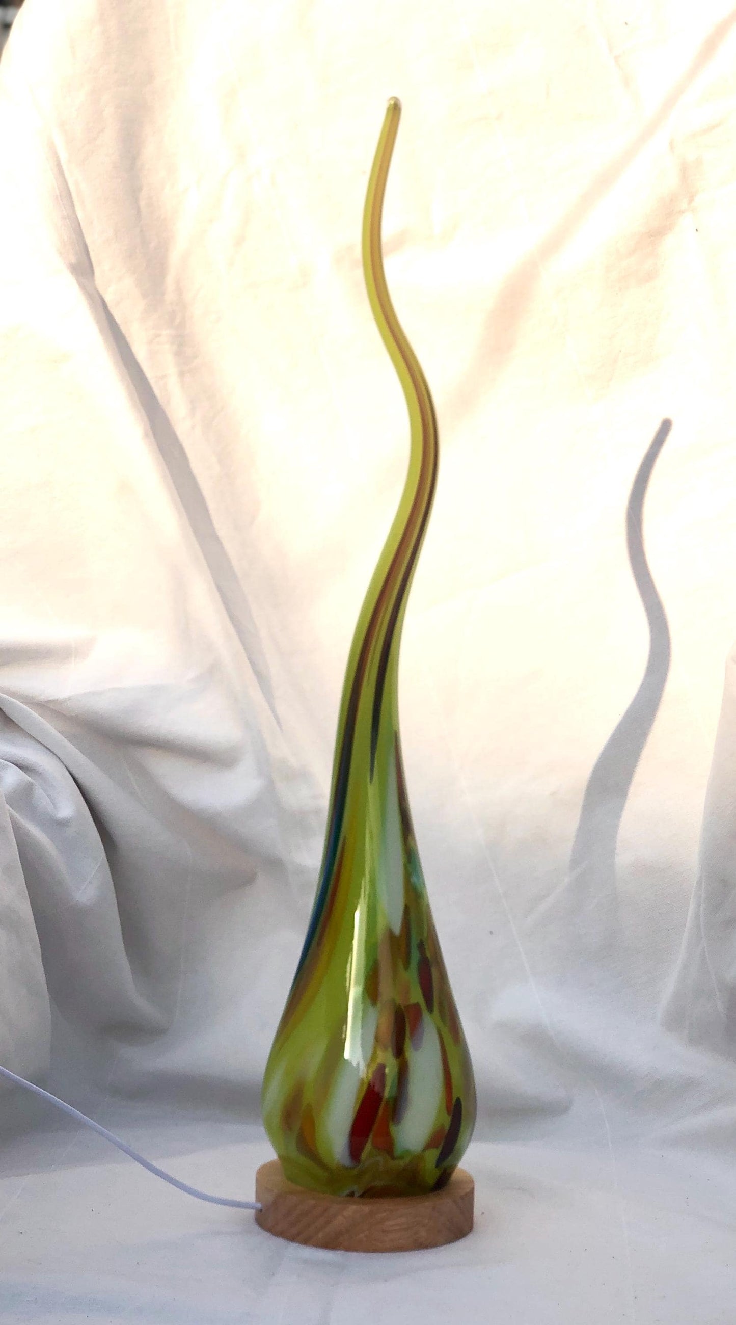 Hand Blown Green Glass Flame Lamp: LED Ambient Art Light