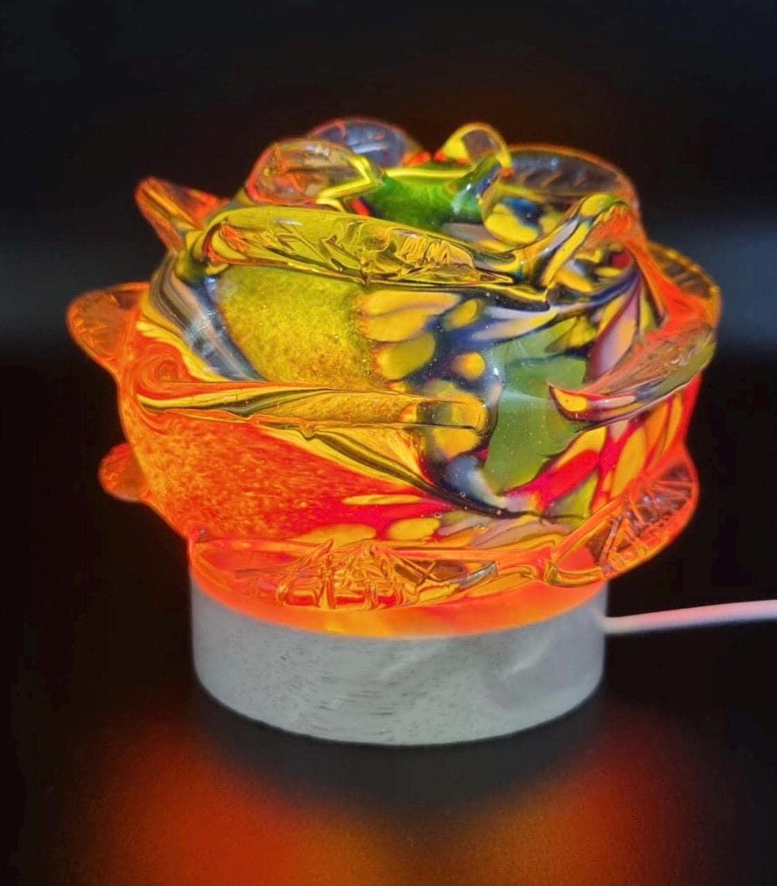 Iridescent Rose Glass Lamp: Hand-Blown LED Sculpture, USB Powered