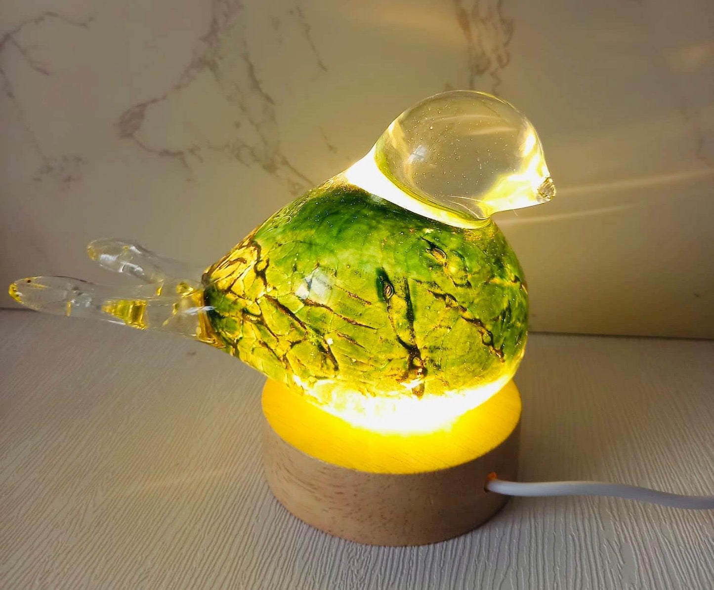 New Arrival / Green Art Glass Bird Lamp – Sculpture Handmade Iridescent LED Home Decor